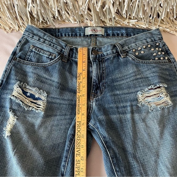 CULTURED REVOLUTION Kennedy Destroyed Jeans 36 Studded American Flag Blue Ripped - Picture 16 of 17